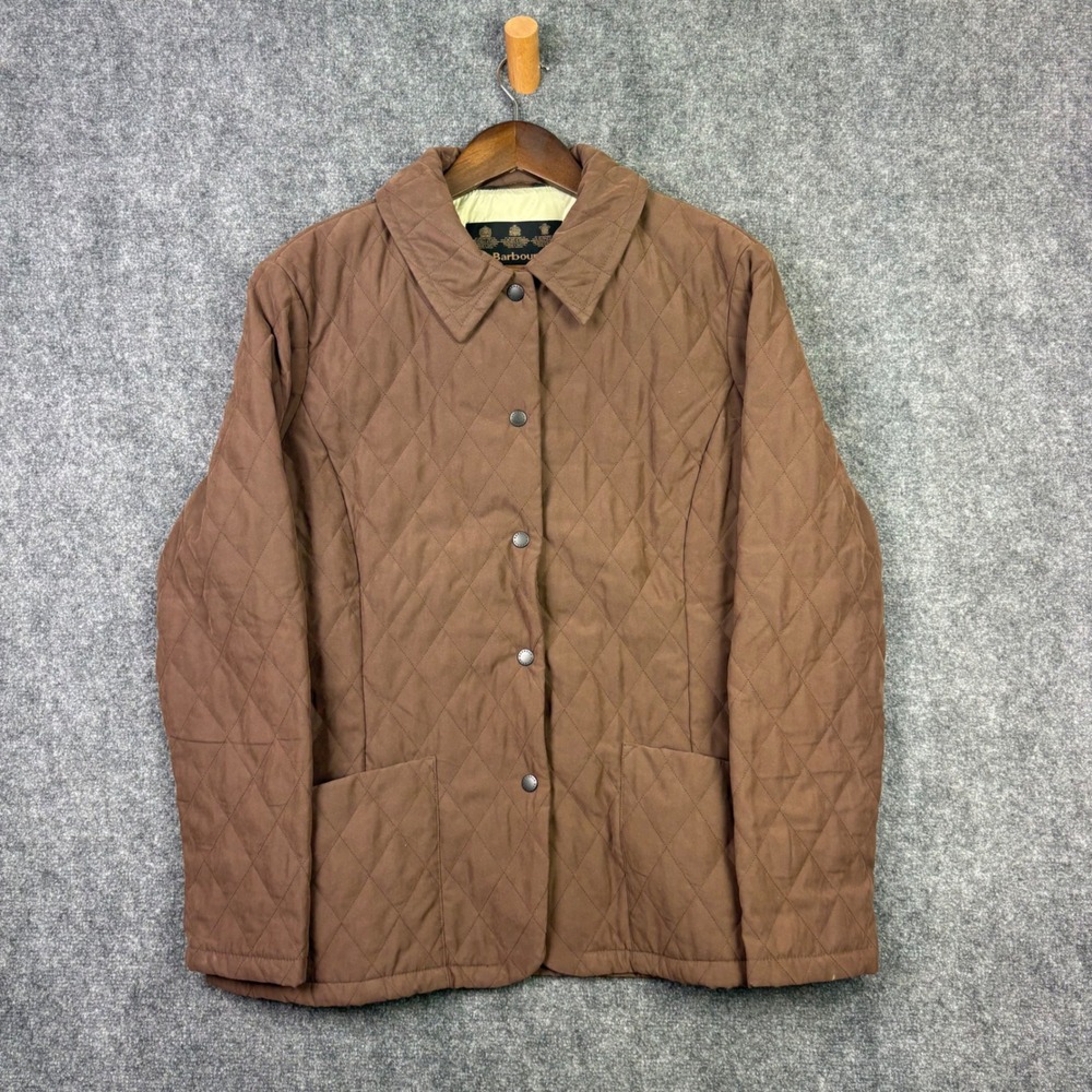 Barbour Quilted Jacket Womens 10 Brown Diamond Quilt Snap Button Barn Coat 0539